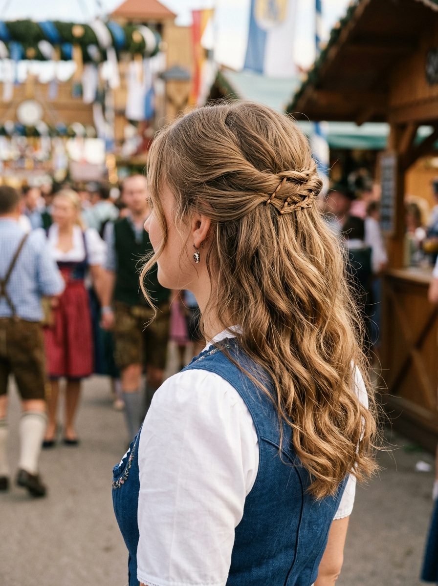 Half-Up Frisur mit weichen Wellen als Oktoberfest Frisuren Inspiration 2026